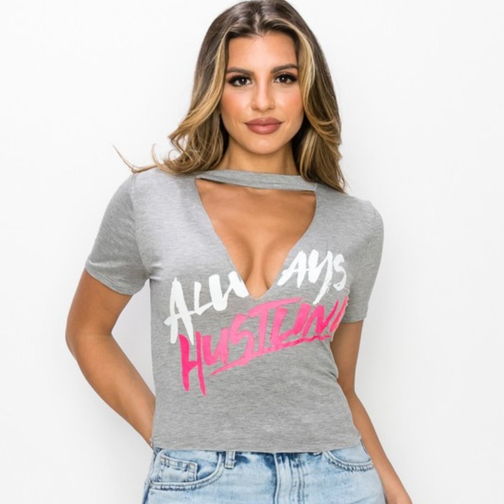 Hustle Made Women's Gray Short Sleeve V-Neck T- Shirt